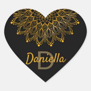 Floral initial monogram gold personalised mandala heart sticker