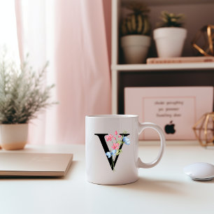Floral Initial Monogram V Mug