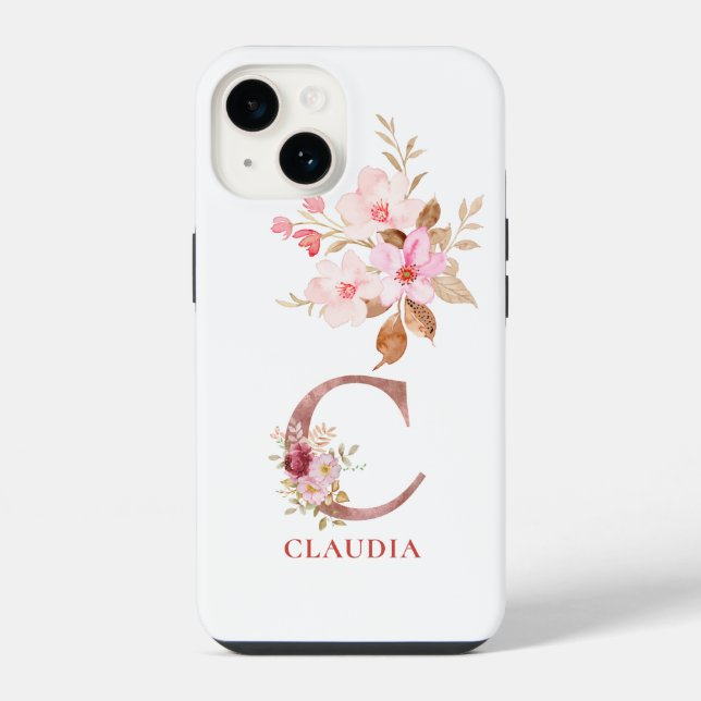 Floral Initial Personalised Name Elegant Monogram  iPhone Case (Back)