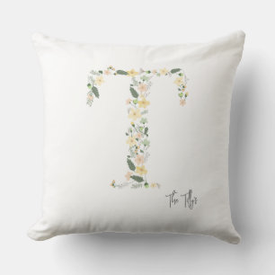Floral Initial "T" Soft Colours Meadow NAME Modern Cushion