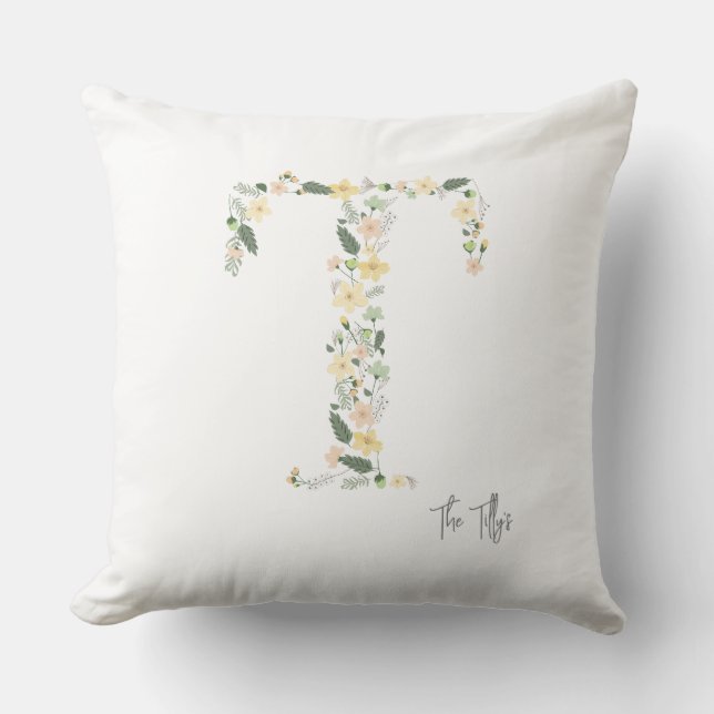 Floral Initial "T" Soft Colours Meadow NAME Modern Cushion (Front)