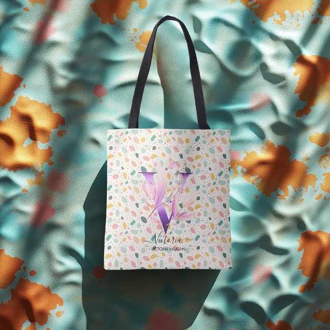 Floral Initial V Tote Bag with Boho Pastel Pattern (Creator Uploaded)