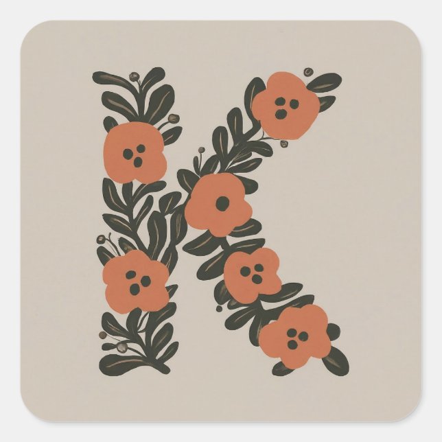 Floral Initial Wreath Monogram K Square Sticker (Front)