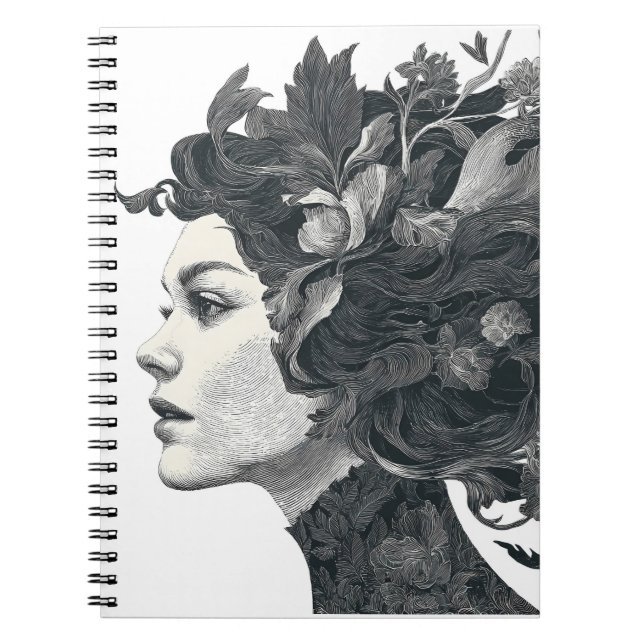 Floral Ink Goddess Monochrome Art Notebook (Front)