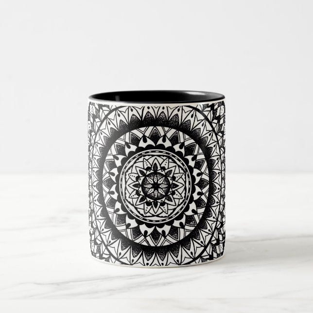 floral Ink Mandala Two-Tone Coffee Mug (Center)