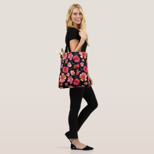 Floral Inspiration Tote - Pink flowers on Black  Bag