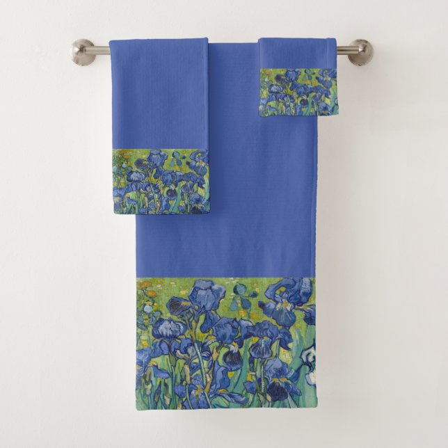 Floral Iris Border on Medium Blue Background Bath Towel Set (Insitu)