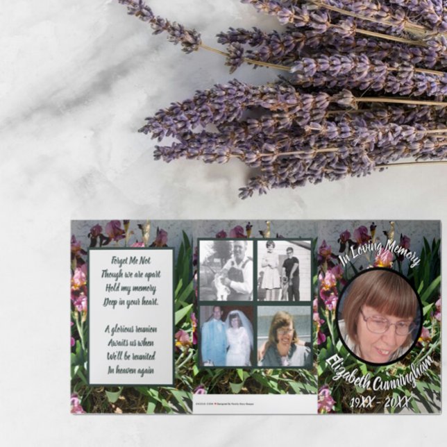 Floral Iris Patch Five Photo Memorial  Tri-Fold Announcement (Creator Uploaded)