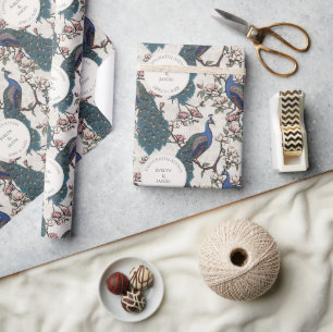 Floral Ivory Engagement Peacocks Wrapping Paper