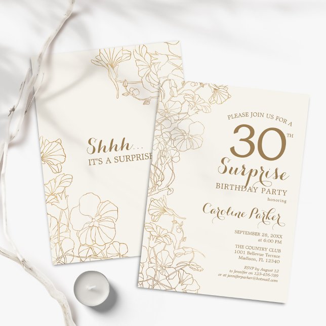 Floral Ivory Gold Surprise 30th Birthday Party Invitation (Creator Uploaded)