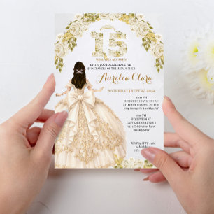 Floral Ivory Princess Dress Coquette Quinceanera Invitation