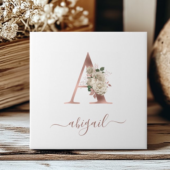 Floral Ivory Rose Gold Monogram Letter "A" Tile (Creator Uploaded)