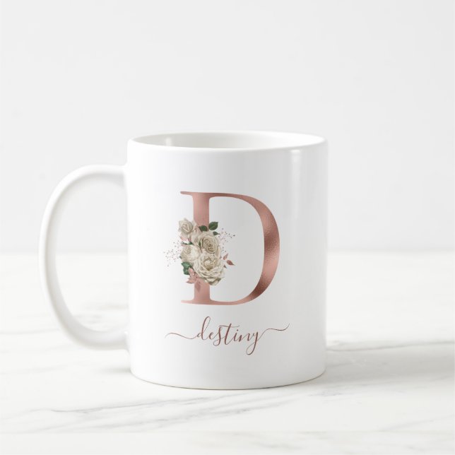 Floral Ivory Rose Gold Monogram Letter "D" Coffee Mug (Left)