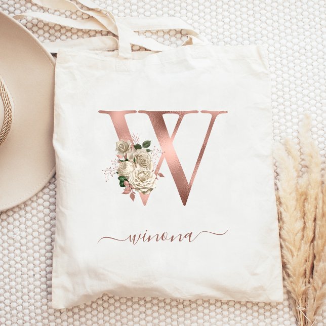 Floral Ivory Rose Gold Monogram Letter W Tote Bag (Creator Uploaded)