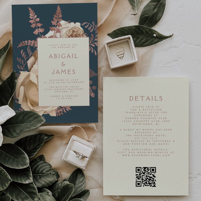 Floral Ivory Rose Gold Teal QR Code Wedding Invitation (Creator Uploaded)