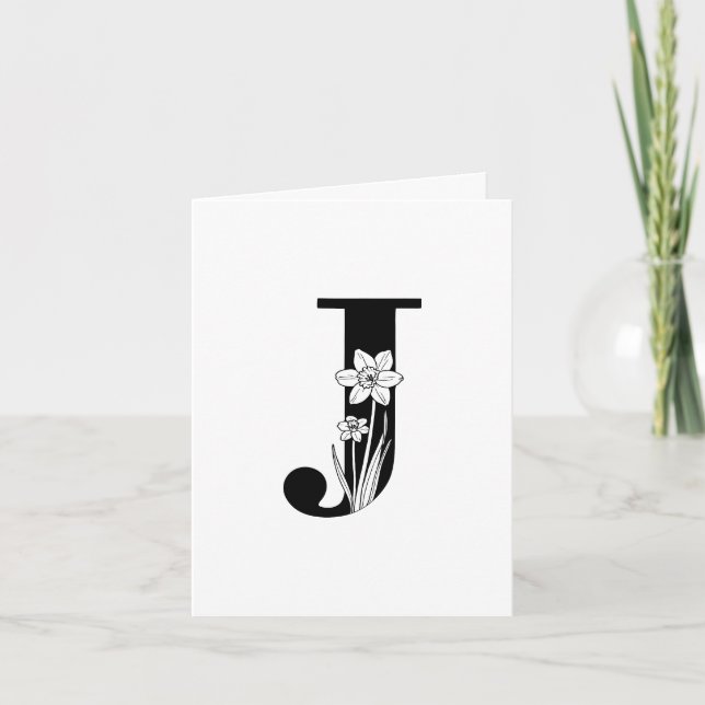 Floral J Monogram On White Note Card (Front)