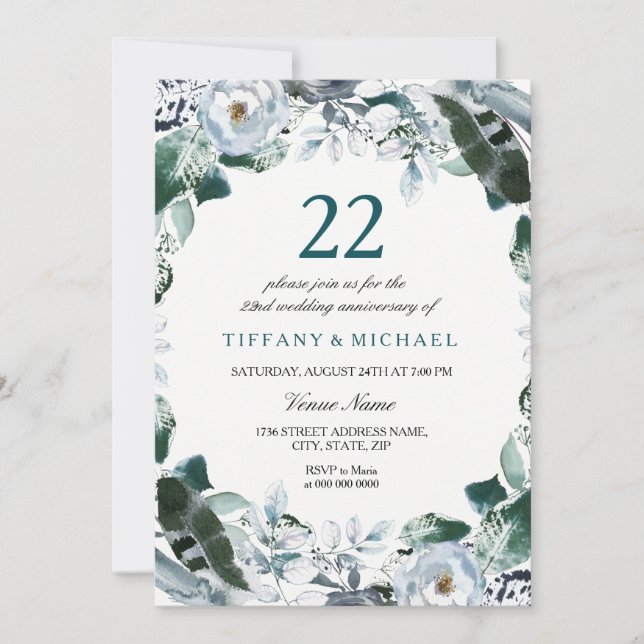 Floral Jade Green 22nd Wedding Anniversary Invite (Front)