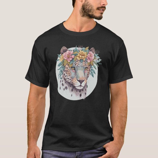 Floral Jaguar Flower Crown Watercolor Animal T-Shirt (Front)