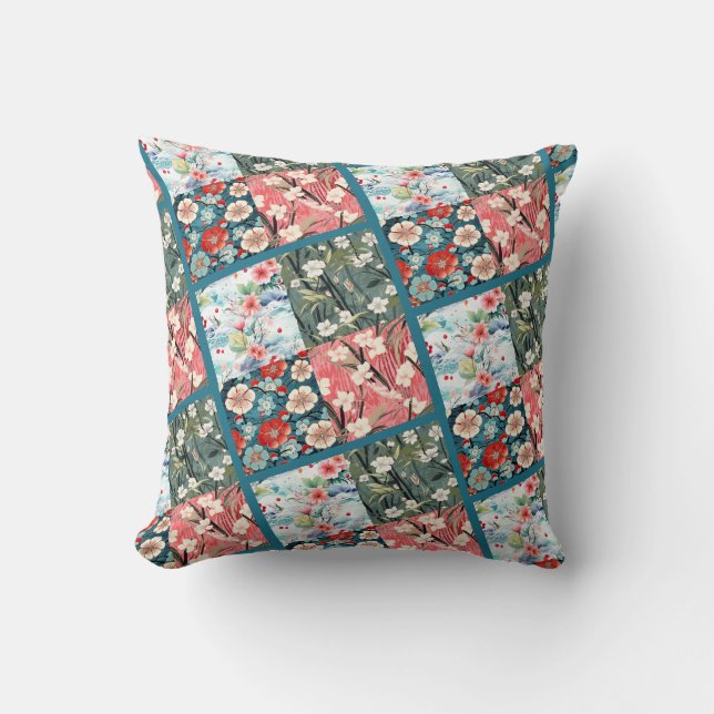 Floral Japanese Patchwork Vibrant Home Accent Cushion (Front)