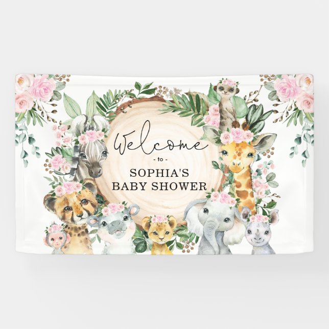 Floral Jungle Safari Animals Baby Girl Welcome Banner (Horizontal)