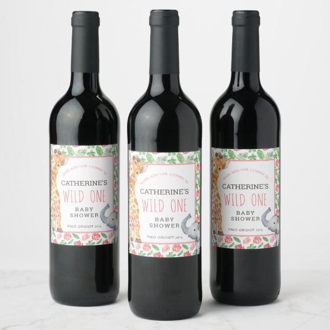 Floral Jungle Safari Baby Shower Thank You  Wine Label (Bottles)
