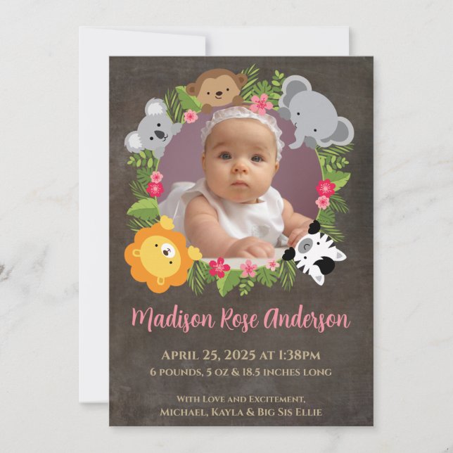 Floral Jungle Safari Wreath Baby Girl Announcement (Front)