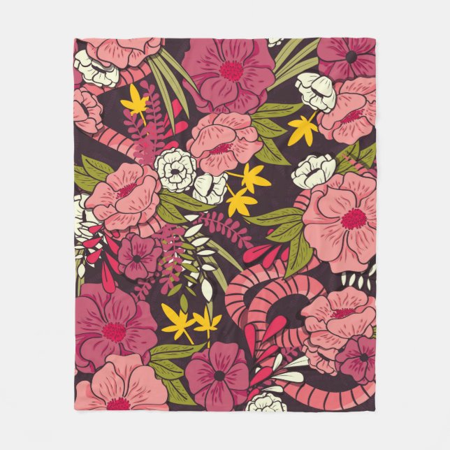 Floral jungle with snakes pattern, tropical flower fleece blanket (Front)