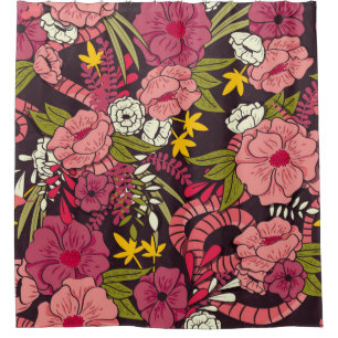 Floral jungle with snakes pattern, tropical flower shower curtain