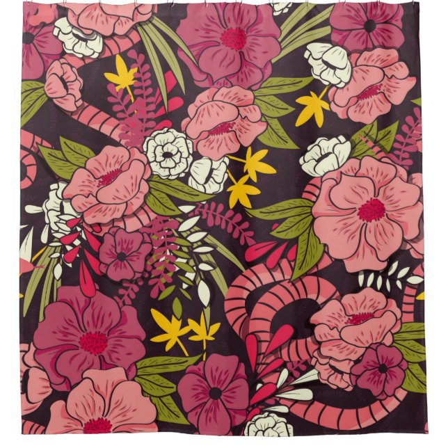 Floral jungle with snakes pattern, tropical flower shower curtain (Front)