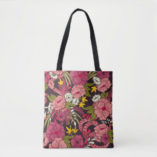 Floral jungle with snakes pattern, tropical flower tote bag