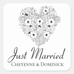 Floral Just Married Anemone Black White Flowers Square Sticker