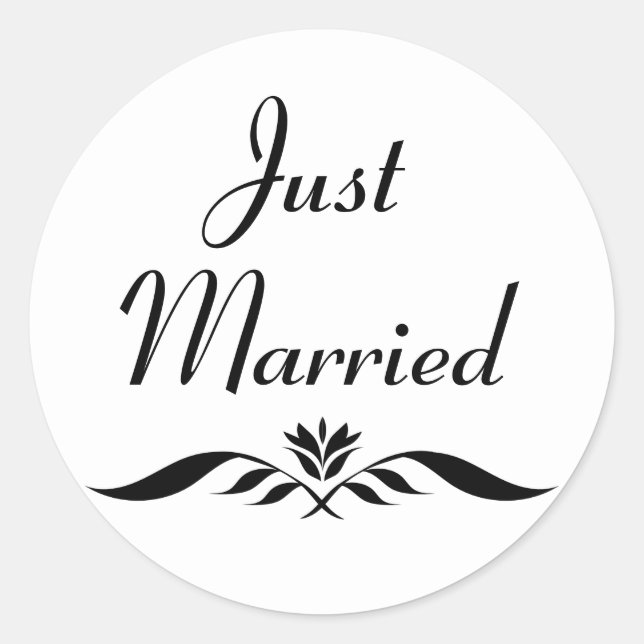 Floral Just Married Black, White Wedding Elegant Classic Round Sticker (Front)