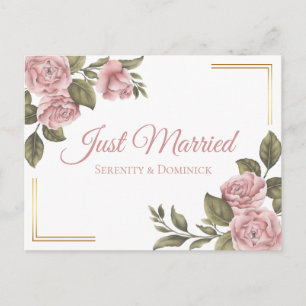 Floral Just Married Pink Peony Elegant Wedding Announcement Postcard