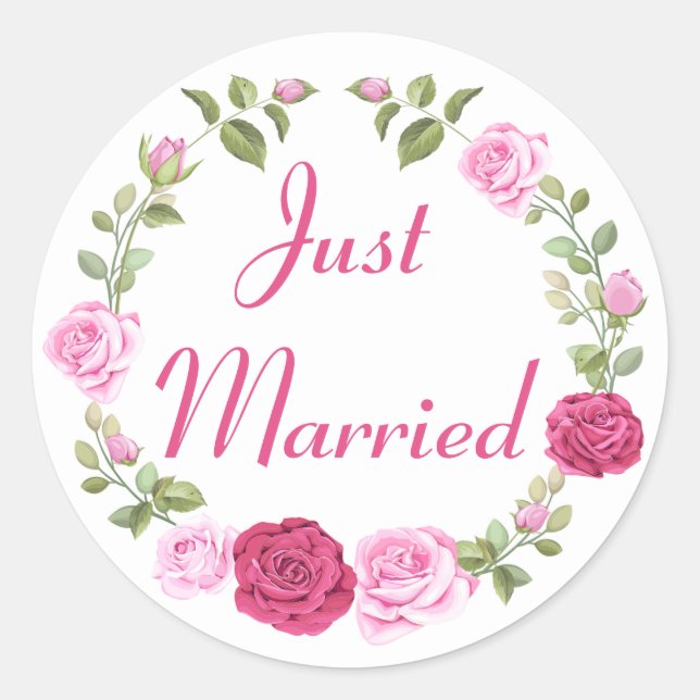 Floral Just Married Pink Rose Wedding Announcement Classic Round Sticker (Front)