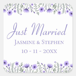 Floral Just Married Purple Flowers Wedding Square Sticker