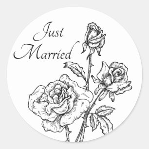 Floral Just Married Rose Black White Wedding Classic Round Sticker