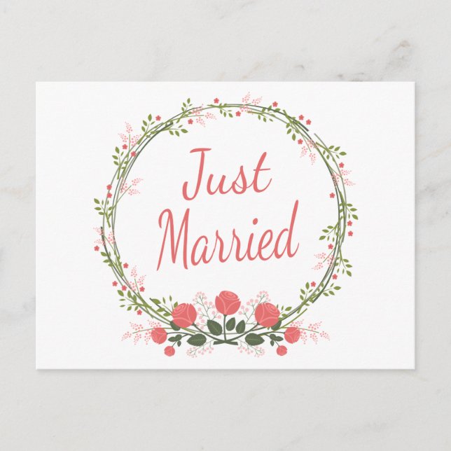 Floral Just Married Rose Wreath Pink Red Wedding Announcement Postcard (Front)