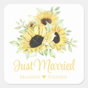 Floral Just Married Sunflower Wedding Announcement Square Sticker