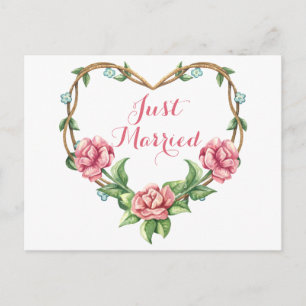 Floral Just Married Watercolor Pink Rose Wedding Announcement Postcard