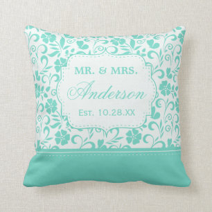 Floral Just Married Wedding Date Pastel Mint Green Cushion
