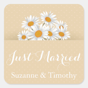 Floral Just Married White Daisies Tan Polka Dots Square Sticker