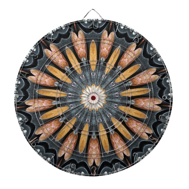 Floral Kaleidoscope Art Mosaic Orange Black White Dartboard (Front)