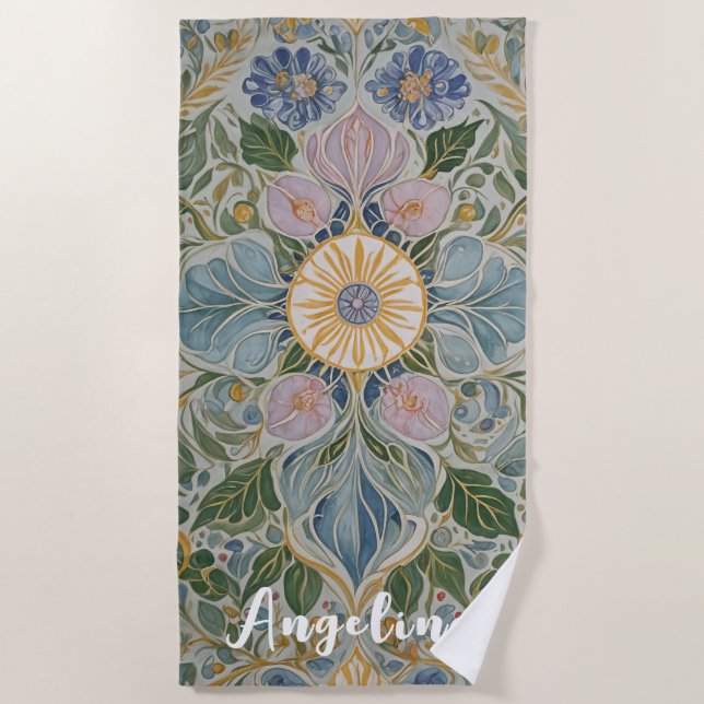 Floral Kaleidoscope Personalized Beach Towel (Front)