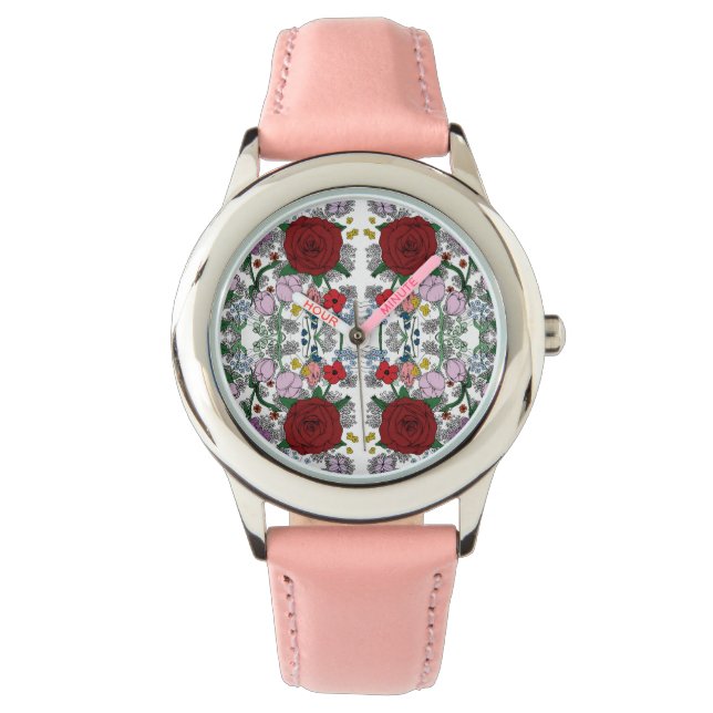 Floral Kaleidoscope Stainless Steel Pink Watch (Front)