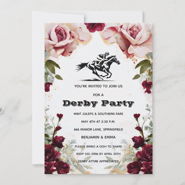Floral Kentucky Derby Party Invitation Horse Racin (Front)