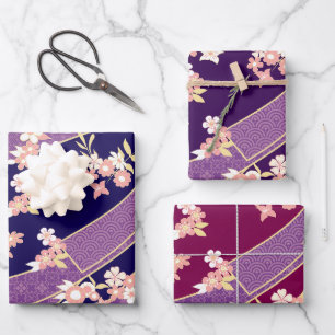 Floral Kimono Pattern Violet Wrapping Paper Sheet