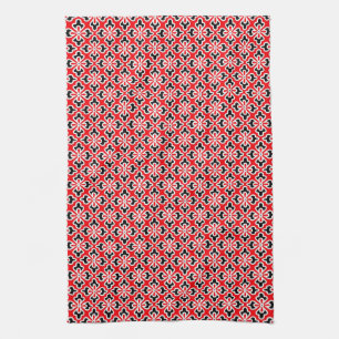 Floral kimono print, red, black and white tea towel