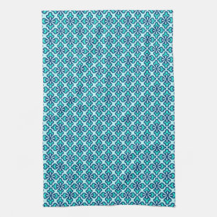 Floral kimono print, turquoise, navy and aqua tea towel