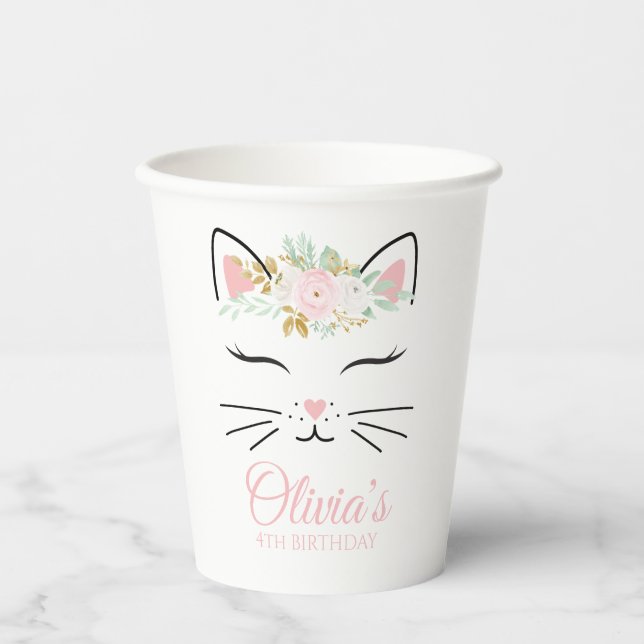 Floral Kitten Birthday Party kitty face Paper Cups (Front)