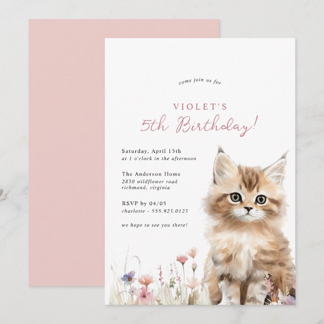 Floral Kitten Cute Cat Theme Girl's Birthday Party Invitation (Front/Back)